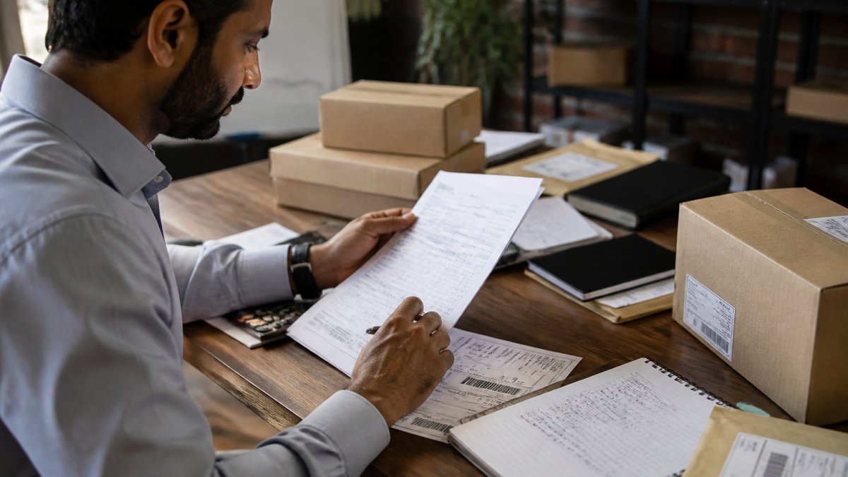 Professional reviewing shipping documents to prepare an AMZ plan of action late shipment