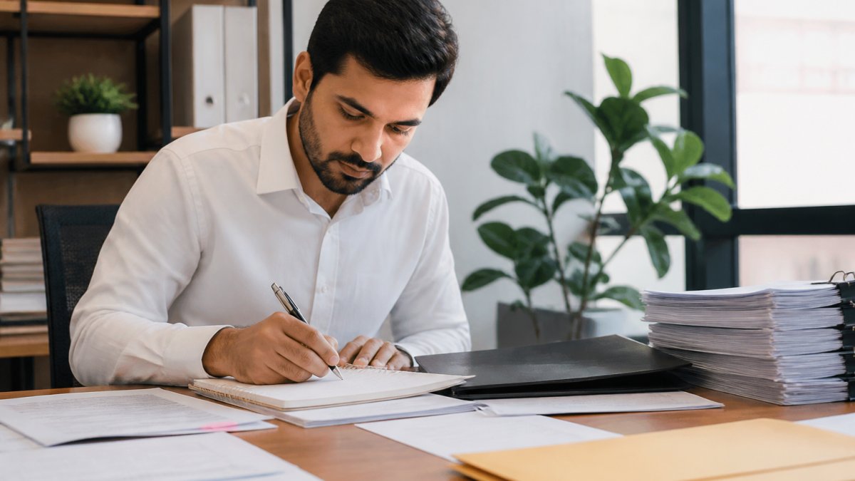 Professional business owner sitting at desk reviewing documents and taking detailed notes whilst preparing an appeal, with laptop, folders, and reference materials visible in bright office lighting
