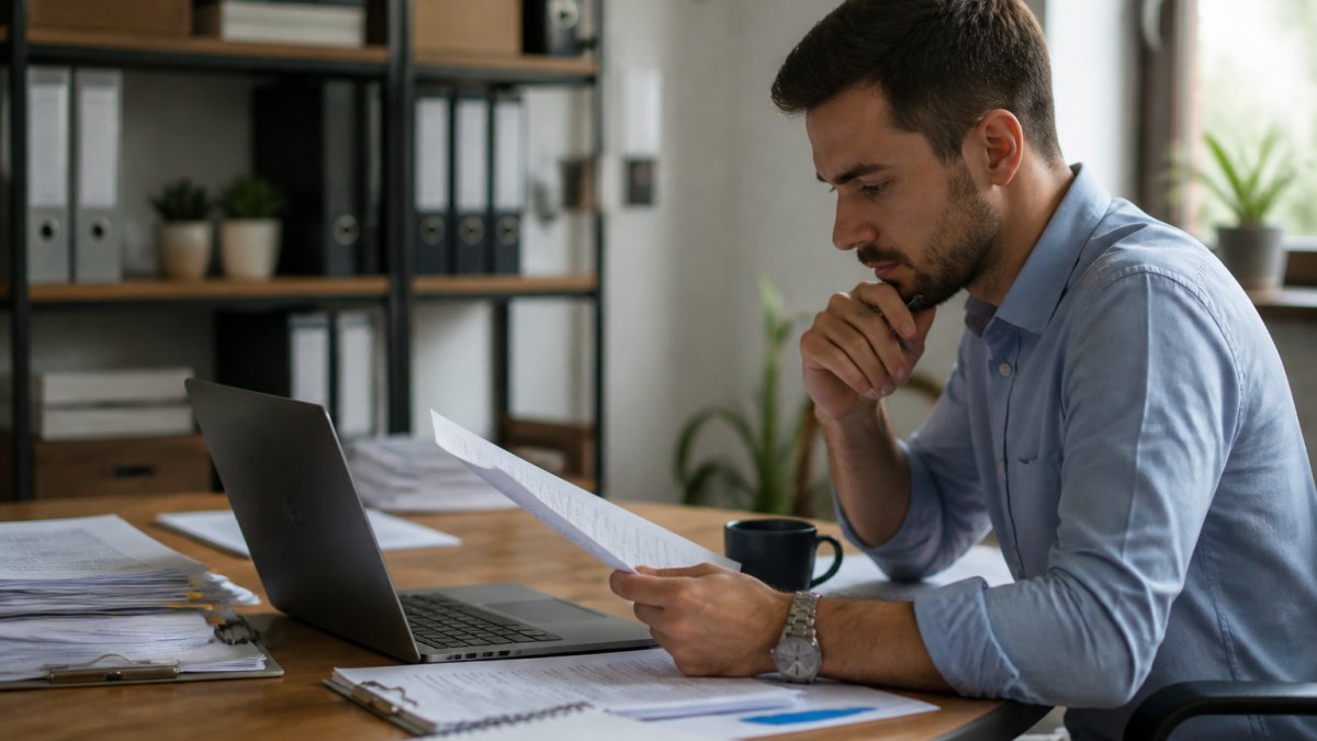 Seller at desk reviewing rejection email on laptop screen with notes and documents spread out, focused expression, natural office lighting