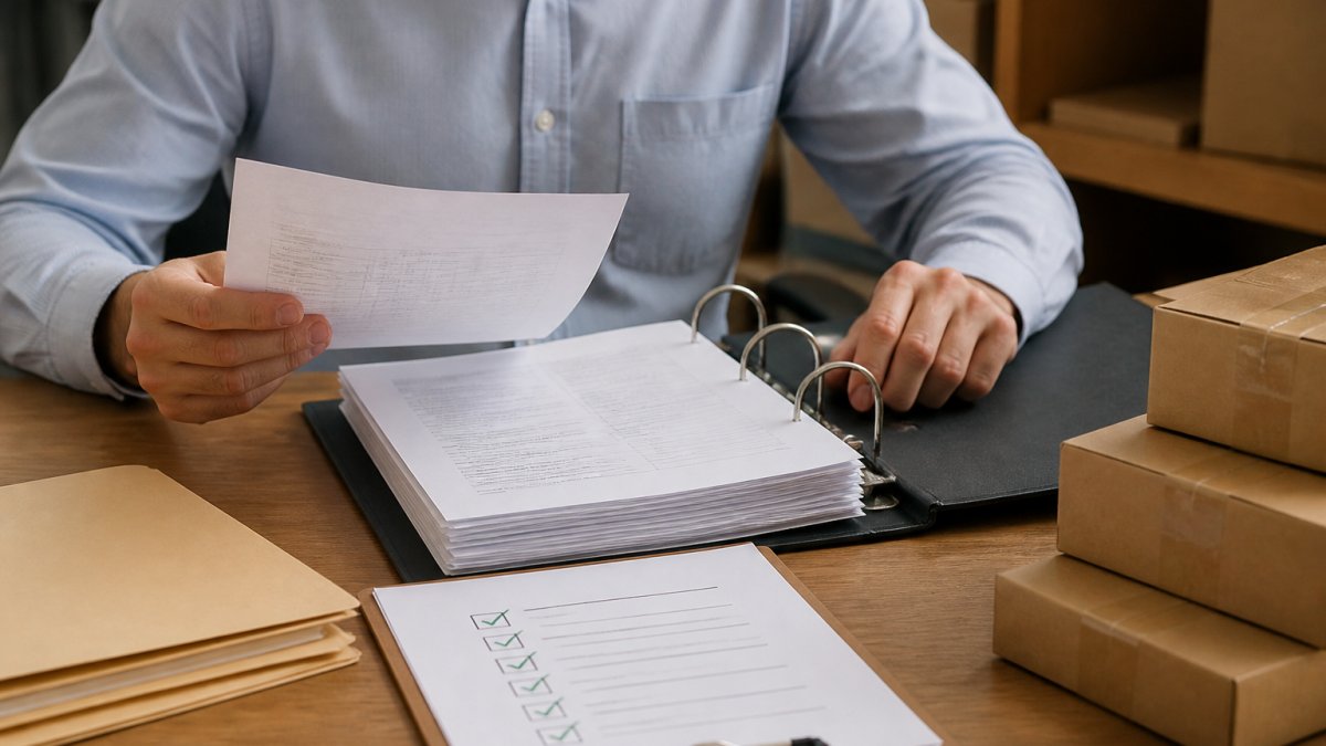 Professional reviewing supplier invoices and sourcing documentation for Amazon suspension appeal evidence on a desk.