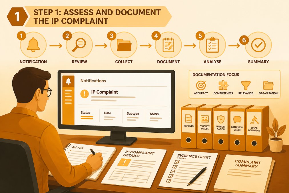 A desk workspace showing the first step of an IP complaints plan of action through organised documentation.